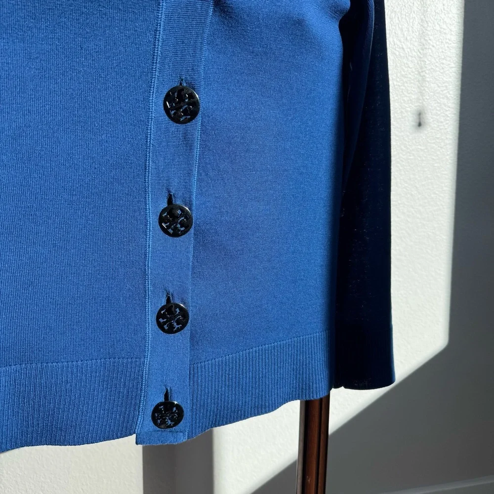 Tory Burch 100% Merino Wool Logo Button V-Neck Cardigan Sweater Blue M